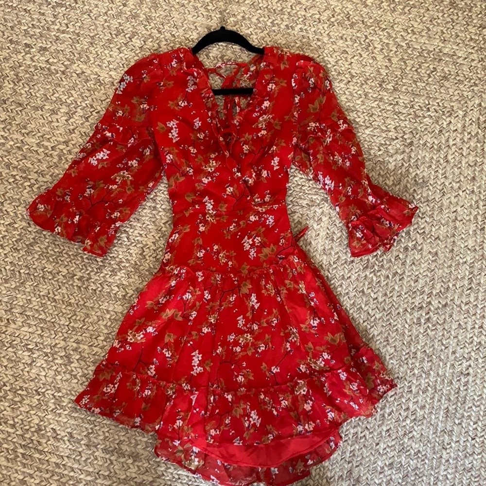 Long Sleeve Red Dress with Flowers
